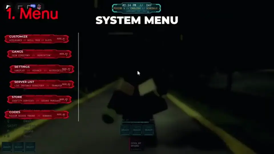 Arasaka Academy M menu — codes stay in-game, not in Discord chat