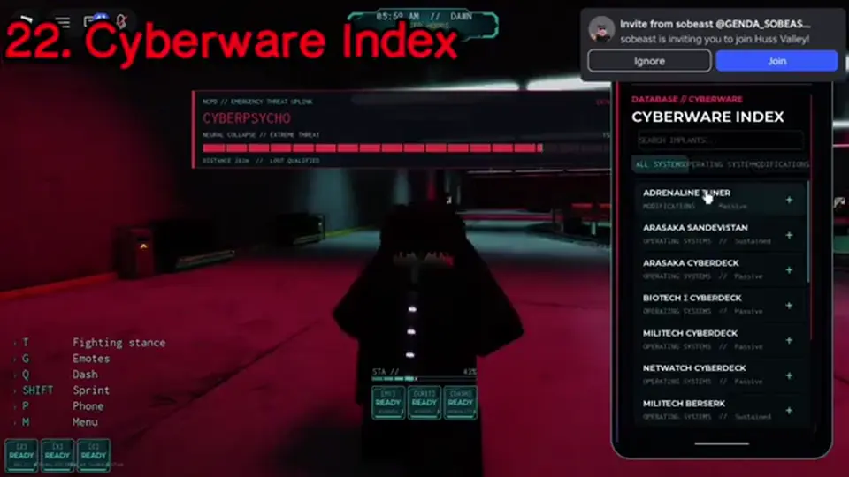 Phone cyberware index listing equipped implants and empty slots