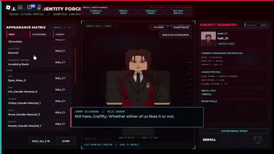 Appearance Body panel for hair, uniforms, and reroll count